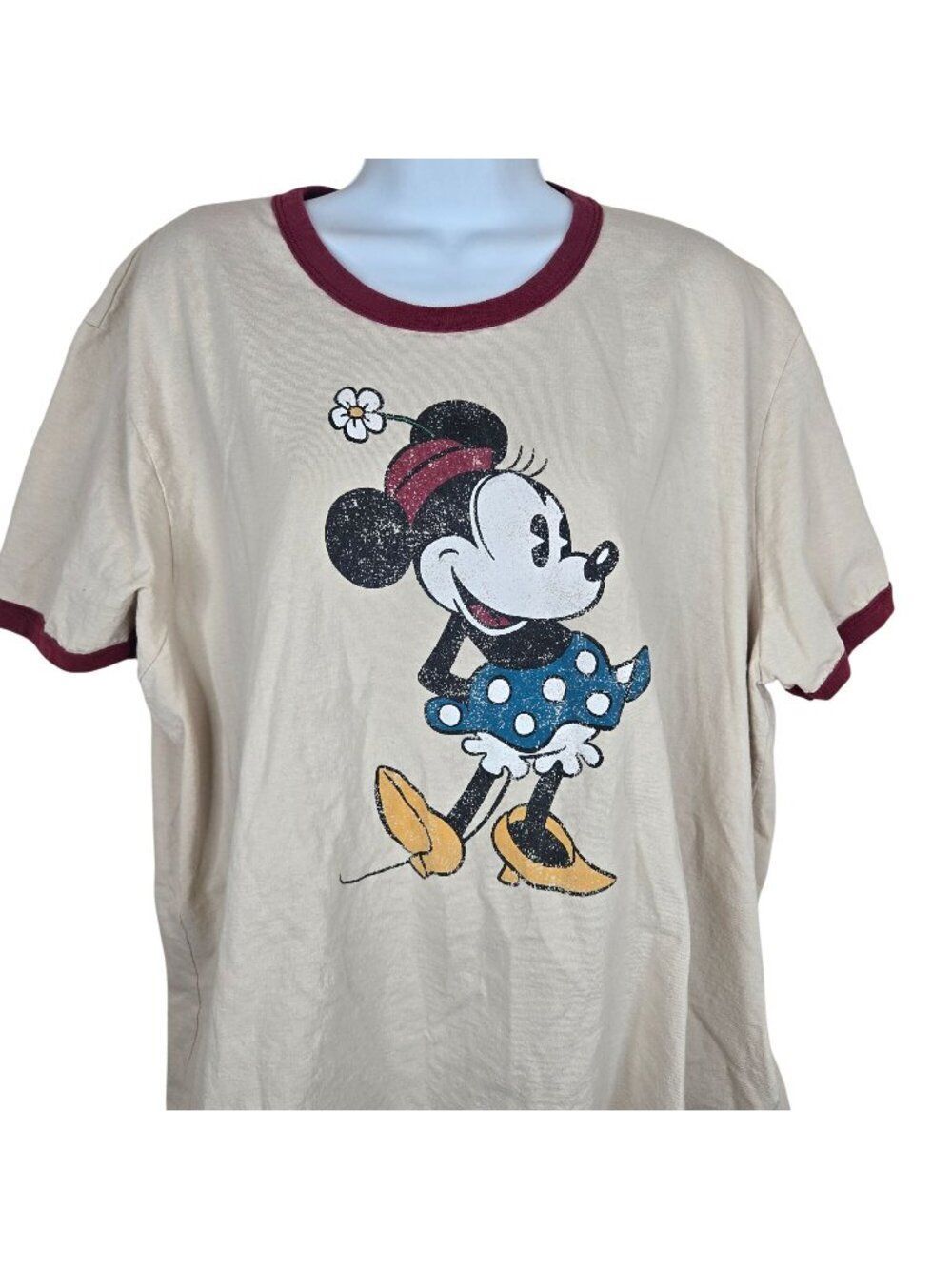 Disney Minnie Mouse Beige Ringer T-Shirt 3XL 100% Cotton Short Sleeve